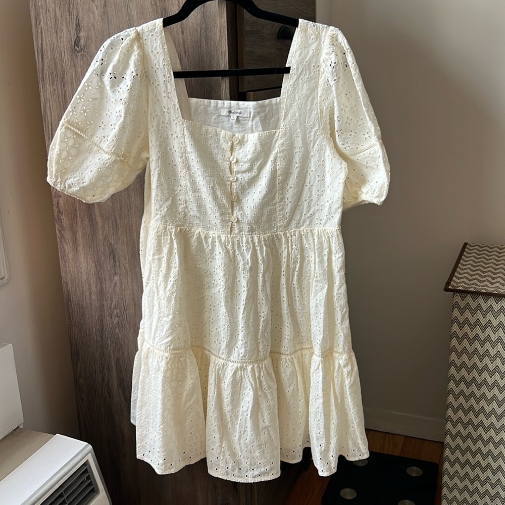 Madewell white puff sleeve eyelet tiered mini dress sz 4